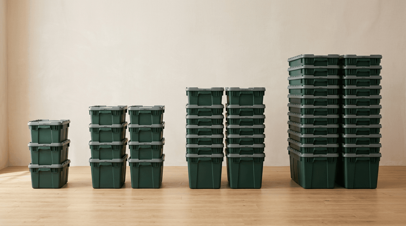 Reusable moving tote stacks arranged from the smallest package to the largest package.